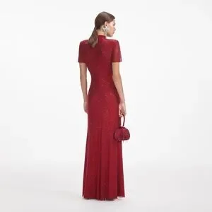 国内配送【SELF PORTRAIT】Red Rhinestone Mesh Maxi Dress Red Rhinestone Fishnet Midi Dress – self-portrait-US